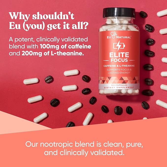 Elite Caffeine Pills with L-Theanine – Jitter-Free Focused Energy Supplements – Clean & Natural Nootropic Stack for Smart Cognitive Performance – 120 Soft Capsules