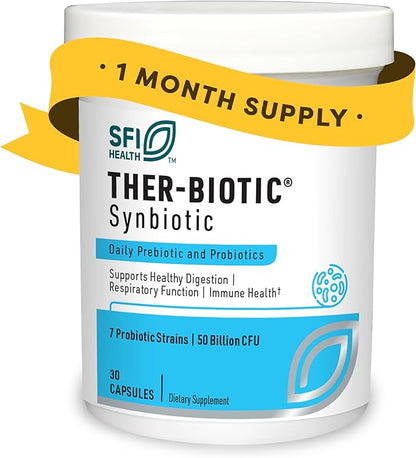Klaire Labs SFI Health Ther-Biotic Synbiotic 50 Billion CFU Daily Probiotics for Women & Men - Pre and Probiotic with Low-FODMAP Certified Prebiotic, 7 Probiotics for Sensitive Stomachs (30 Capsules)