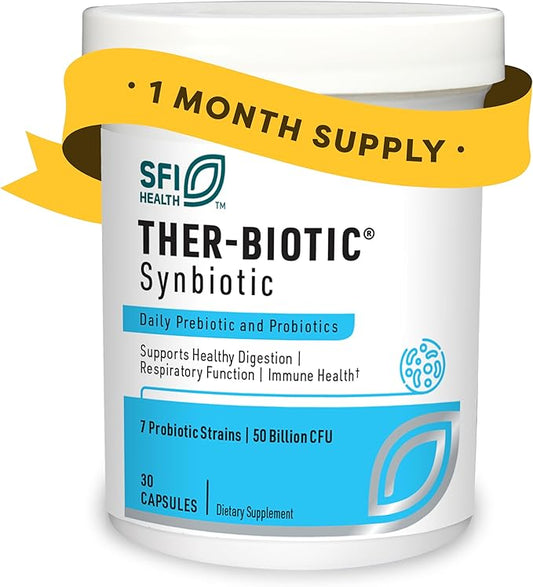Klaire Labs SFI Health Ther-Biotic Synbiotic 50 Billion CFU Daily Probiotics for Women & Men - Pre and Probiotic with Low-FODMAP Certified Prebiotic, 7 Probiotics for Sensitive Stomachs (30 Capsules)