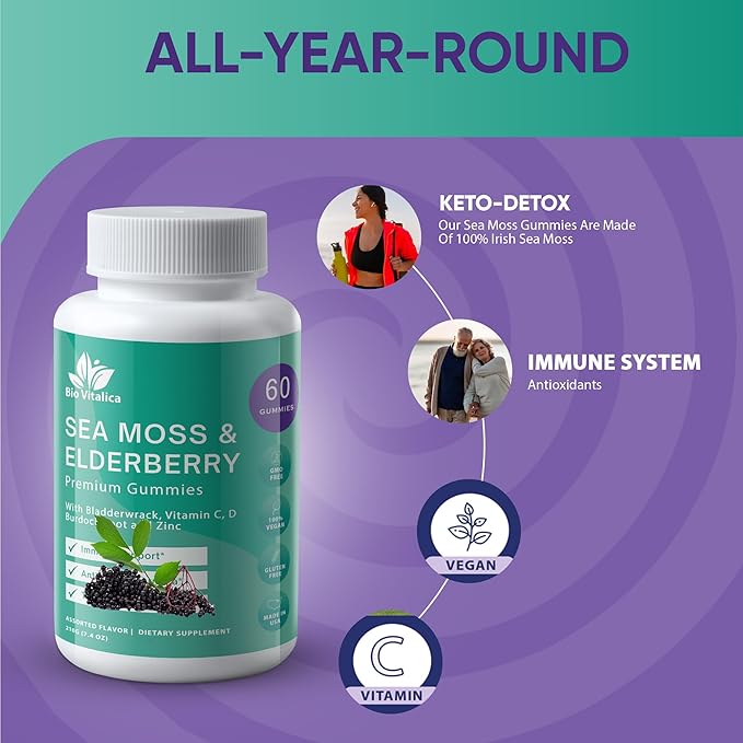 BIO VITALICA Sea Moss Gummies Elderberry BioVitalica - Vitamin C D + Zinc - Irish Seamoss Vegan Gummy with Sea Moss Gel & Powder for Immunity, Detox - for Adults and Kids