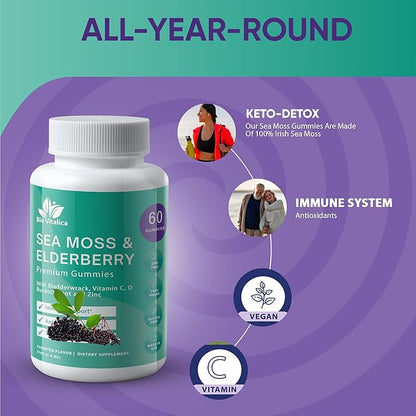 BIO VITALICA Sea Moss Gummies Elderberry BioVitalica - Vitamin C D + Zinc - Irish Seamoss Vegan Gummy with Sea Moss Gel & Powder for Immunity, Detox - for Adults and Kids
