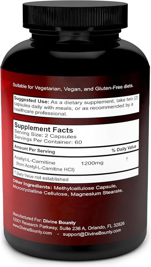 Divine Bounty Acetyl L-Carnitine Capsules 1200mg Per Serving - L Carnitine Supplement 120 Vegetarian Capsules