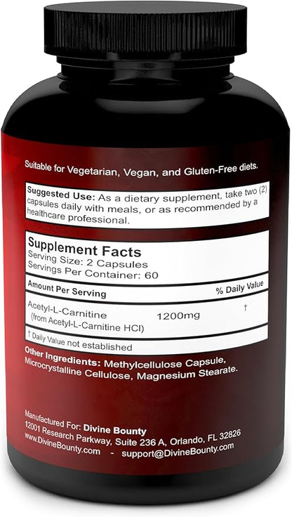 Divine Bounty Acetyl L-Carnitine Capsules 1200mg Per Serving - L Carnitine Supplement 120 Vegetarian Capsules
