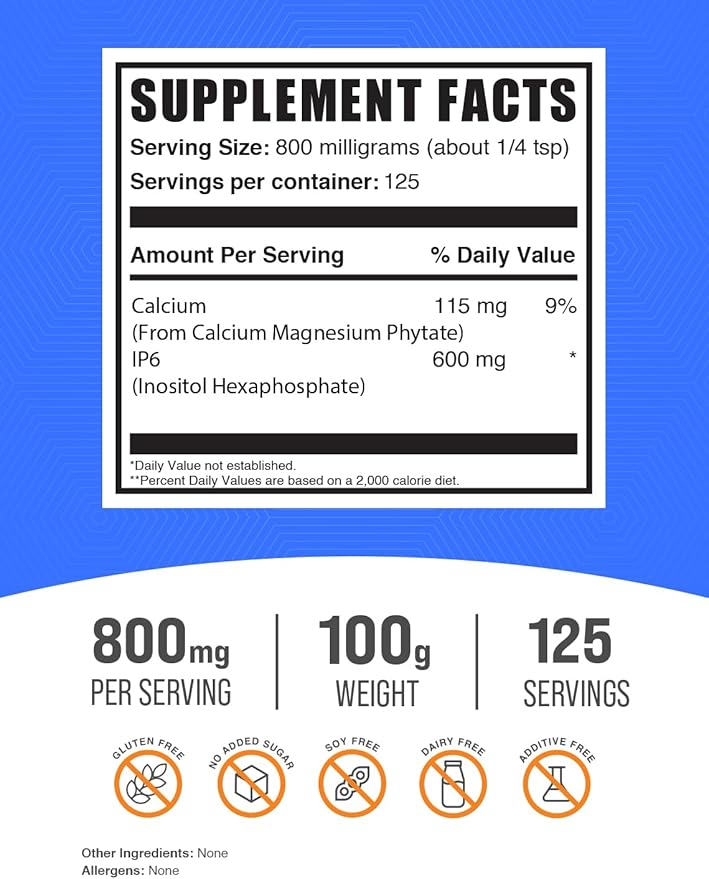BulkSupplements.com IP6 Powder - Inositol Hexaphosphate, IP6 Supplement - Inositol Supplement for Immune Support, Gluten Free, 800mg per Serving, 100g (3.5 oz) (Pack of 1)