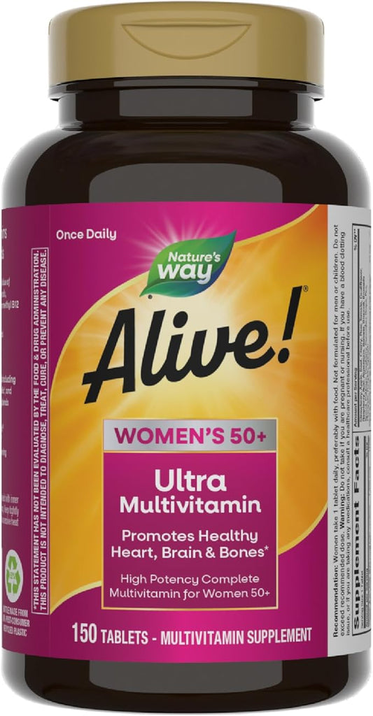 Nature’s Way Alive! Women’s 50+ Ultra Potency Complete Multivitamin, High Potency Formula, Promotes Healthy Heart, Brain, Bones*, with Methylated B12, Gluten-Free, 150 Tablets (Packaging May Vary)