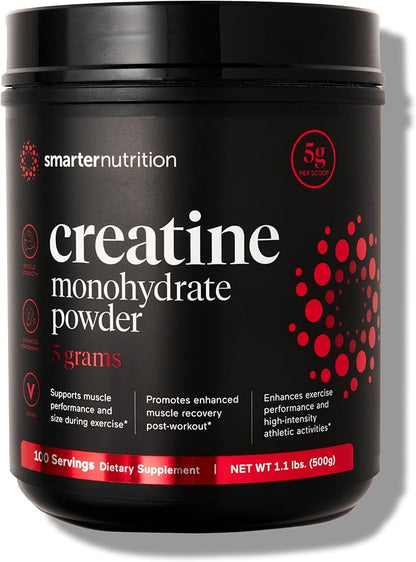 Smarter Nutrition Creatine Monohydrate Powder 500g, 5000mg Per Serving (5g) - Keto Friendly, Unflavored, Gluten-Free Pre-Workout & Post Workout Support for Muscle Mass & Hydration [100 Servings]