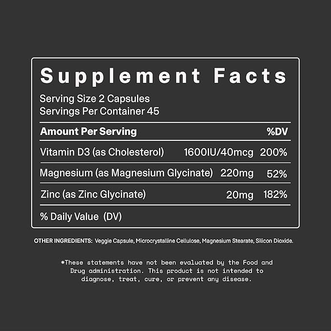 Magnesium Glycinate, Zinc Glycinate & Vitamin D3 - Triple Action for Immune, Muscle, and Bone Health, High Absorption Formula, 90 Count (Pack of 1)