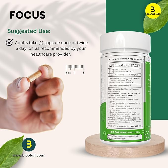 Coriander Leaf Capsules 500mg - 120 Count | 100% Pure Coriander Extract 10:1 (Coriandrum sativum) Leaf Powder Supplement | Natural Body Cleansing & Detox | Non-GMO, Gluten Free Formula