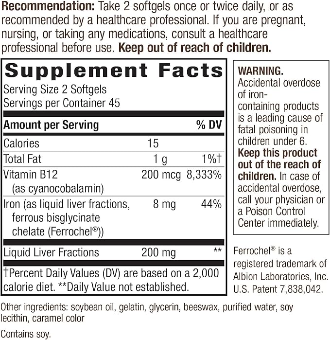 Nature's Way Energizing Iron - Red Blood Cell Support* - 8 mg Iron, -200 mcg of Cyanocobalamin & Vitamin B12 per 2-Softgel Serving - Gluten Free - 90 Softgels
