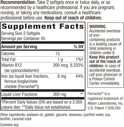 Nature's Way Energizing Iron - Red Blood Cell Support* - 8 mg Iron, -200 mcg of Cyanocobalamin & Vitamin B12 per 2-Softgel Serving - Gluten Free - 90 Softgels