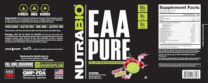 NutraBio – EAA Pure – 9 Amino Acids – Muscle Repair and Recovery, 30 Servings, Cherry Limeade – Pre or Post Workout – All Day Recovery