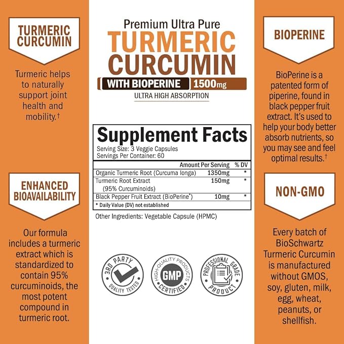 Turmeric Curcumin with Black Pepper Extract 1500mg - High Absorption Ultra Potent Turmeric Supplement with 95% Curcuminoids and BioPerine - Non GMO Turmeric Capsules for Joint Support - 180 Capsules