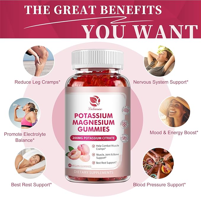 Potassium Magnesium Gummies - High Absorption Magnesium Glycinate 500mg & Potassium Citrate 200mg Plus Omega 3, B6, D3, K2 & Calcium - Chewable Gummy for Leg Cramps, Immunity & Energy - 60 Count