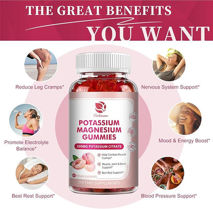 Potassium Magnesium Gummies - High Absorption Magnesium Glycinate 500mg & Potassium Citrate 200mg Plus Omega 3, B6, D3, K2 & Calcium - Chewable Gummy for Leg Cramps, Immunity & Energy - 60 Count