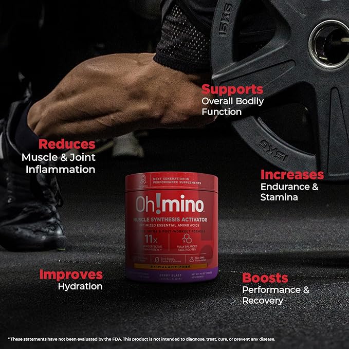 Oh!mino Amino Acid Energy Blend - Sugar-and-Stimulant-Free, Pre-Post Workout Powder, BCAA Amino Acids, Workout Recovery Drink, Muscle Synthesis Activator, Berry Blast, 280 g, 40 Servings