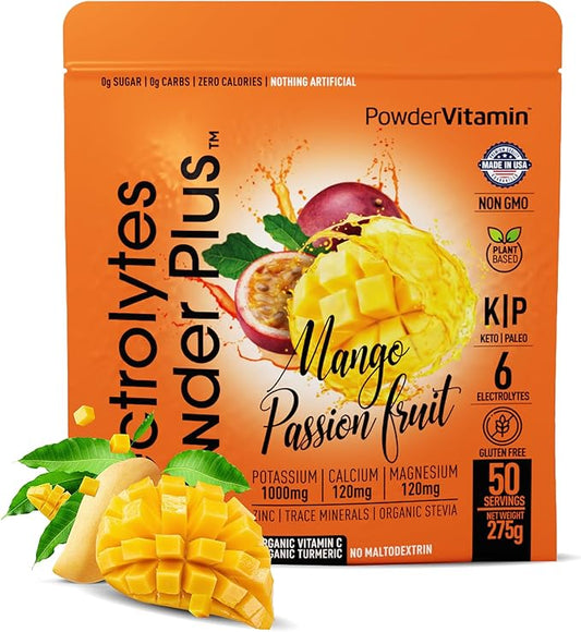 Electrolytes Powder Plus (50 Servings) Mango Passionfruit Electrolyte Powder Zero Calorie Keto, 0 Sugar, No Maltodextrin,1000mg Potassium,120mg Calcium,120mg Magnesium, Hydration Powder