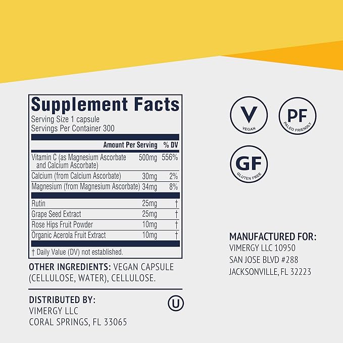 Vimergy Micro-C ®, Value Size - 300 Servings – 500mg All-Natural Buffered Vitamin C Capsules with Rose HIPS, Rutin, Grape Seed & Acerola Fruit Extract - Supports a Healthy Immune System & Skin Health