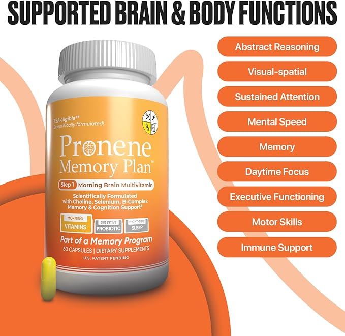 PRONENE Memory Plan (60 ct) Morning Brain Multivitamin | Nootropic Supplement w/Choline, Selenium, Folic Acid, D, & B Vitamins | Optimized nutrients Support Brain, Immunity & Memory.