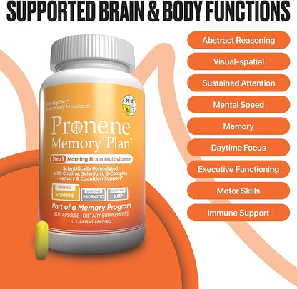PRONENE Memory Plan (60 ct) Morning Brain Multivitamin | Nootropic Supplement w/Choline, Selenium, Folic Acid, D, & B Vitamins | Optimized nutrients Support Brain, Immunity & Memory.