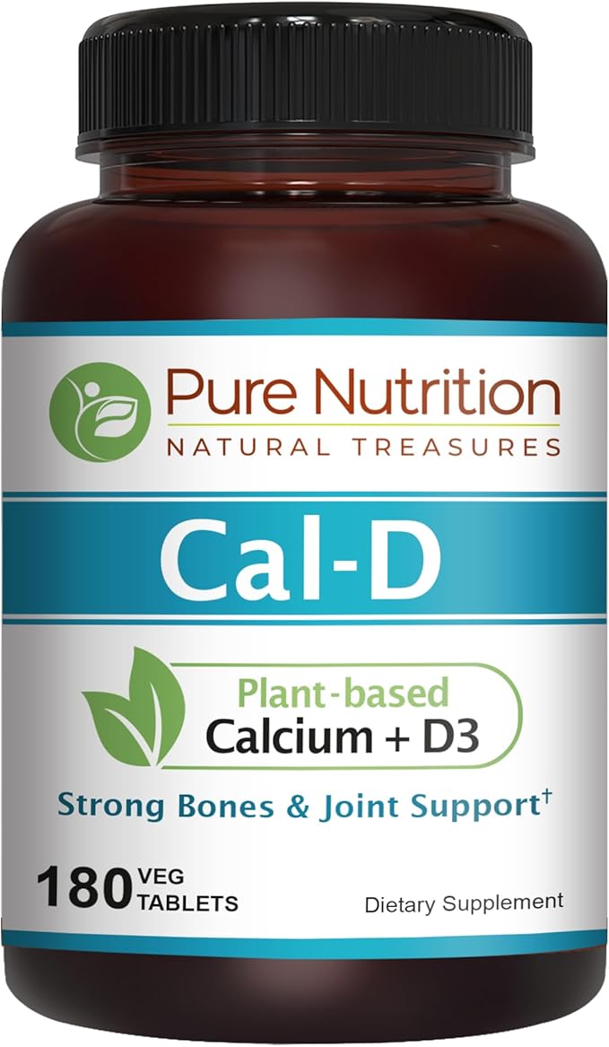 Pure Nutrition Cal D - Plant Based Calcium with Vitamin D3 K2 and Magnesium. Vegan Calcium Supplement with 500mg Elemental Calcium per Serving. Algae Calcium Supplement for Bone Health | 180 Tabs