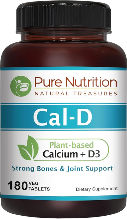 Pure Nutrition Cal D - Plant Based Calcium with Vitamin D3 K2 and Magnesium. Vegan Calcium Supplement with 500mg Elemental Calcium per Serving. Algae Calcium Supplement for Bone Health | 180 Tabs