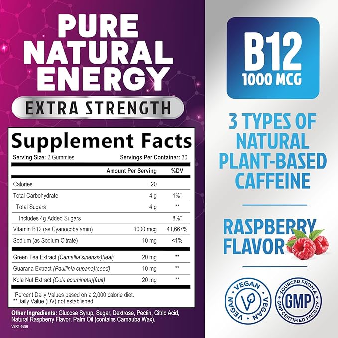 Energy Gummies Vitamin B12, Green Tea Natural Caffeine Support, Extra Strength 1000 mcg Daily Energy Vitamins, Delicious Berry Flavor Gluten Free Chewable Supplement for Cycling & Running - 60 Chews