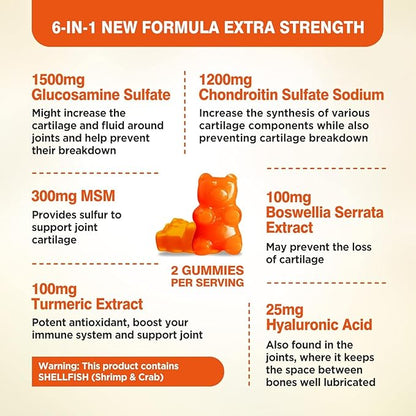 Glucosamine Chondroitin Gummies Sugar Free, Joint Support Gummies Supplements for Adults Men & Women, 1500mg Glucosamine Chewables with MSM Turmeric, 60 Count