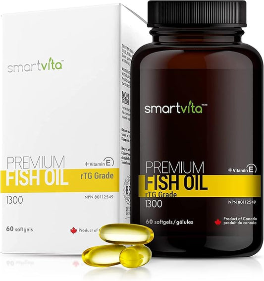 Smartvita - Premium Fish Oil, rTG Grade Omega 3, Fish Oil Omega 3, EPA, DHA, & Vitamin E Capsules, Multivitamins for Men & Women, Omega 3 Supplement, Burpless, 60 Softgels