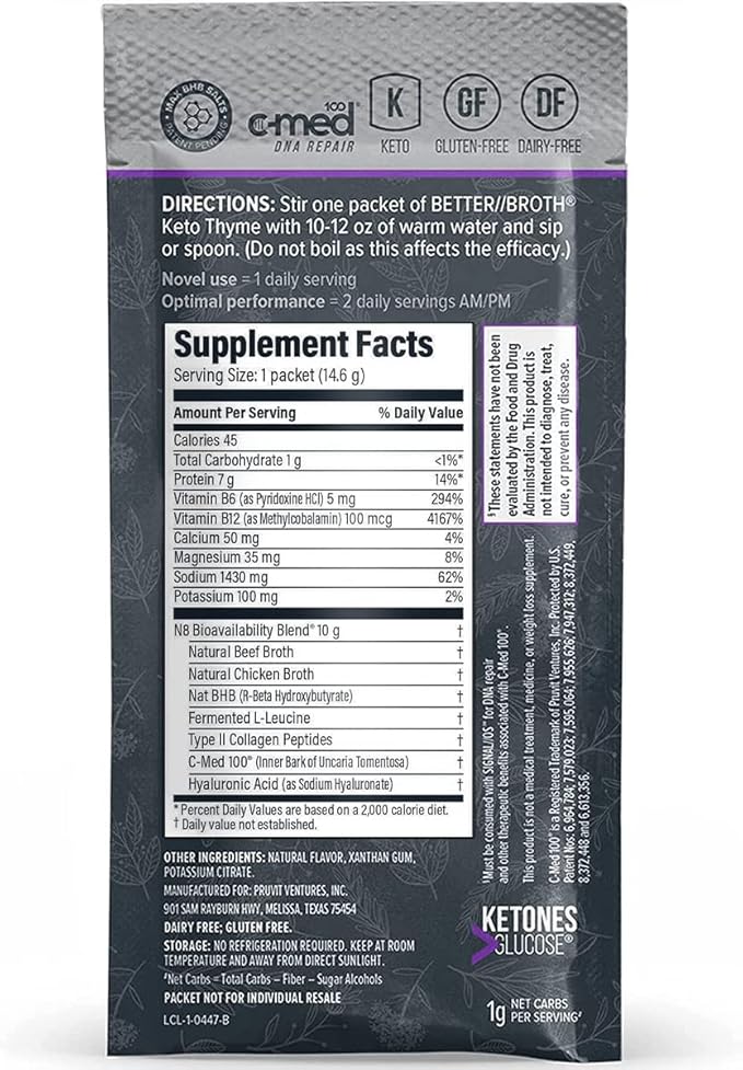 Pruvit Better Broth Keto Thyme for Joint Support, Muscle Recovery and for Improving The Appearance of Skin and Hair - 20 Count