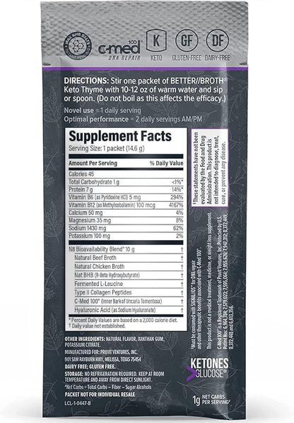 Pruvit Better Broth Keto Thyme for Joint Support, Muscle Recovery and for Improving The Appearance of Skin and Hair - 20 Count