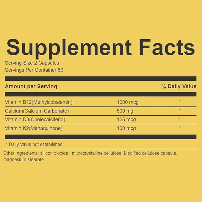 Extra Strength 4-in-1 Calcium 600mg + Vitamin D3 5000iu + K2 + B12 Natural Supplement Complex for Bone and Immune Health, 120 Softgels, 60 Day Supply