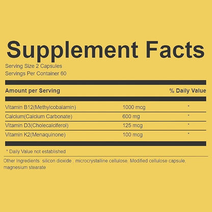 Extra Strength 4-in-1 Calcium 600mg + Vitamin D3 5000iu + K2 + B12 Natural Supplement Complex for Bone and Immune Health, 120 Softgels, 60 Day Supply