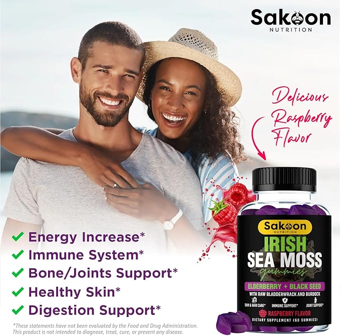 Sakoon nutrition Irish Sea Moss Gummies w/Elderberry & Black Seed Oil - Beauty, Joints & Immune Support | Rich in Vitamins, Raspberry Flavor | 60 Gummies