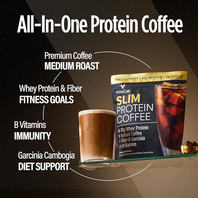 VitaCup Slim Protein Coffee Shake for Diet Support, Instant Coffee w/Whey Protein Powder, B Vitamins & Fiber, Dietitian Developed for Performance & Taste, Make as Iced Coffee or Shake, 3 Bags