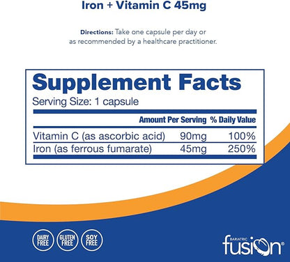Bariatric Fusion Iron Supplement 45mg with Vitamin C | 1 Per Day | Vitamins for Women and Men | Gluten, Dairy and Soy Free | Non-GMO | 60 Count