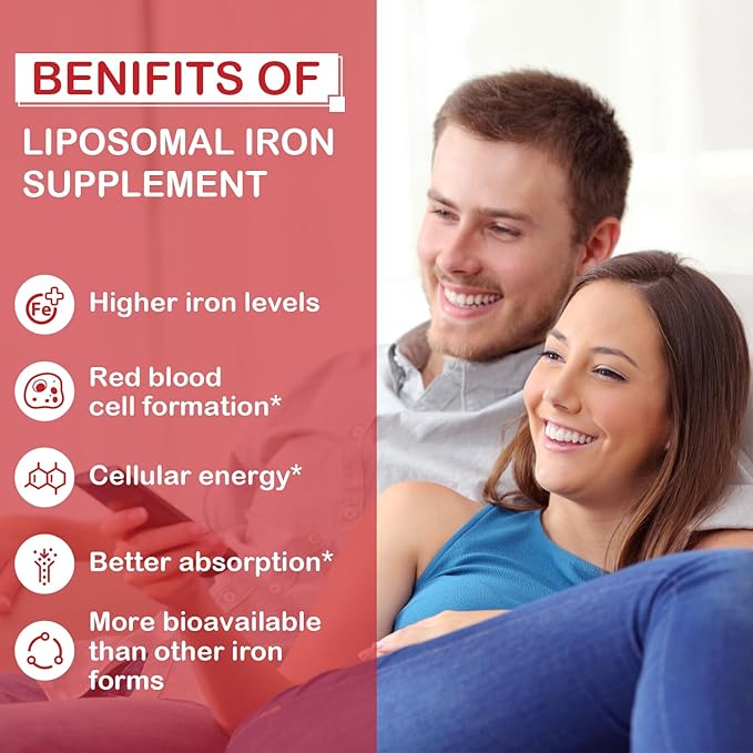 Liposomal Fe Iron Supplement for Women,65 mg Iron Supplements with Folic Acid & Vitamin B12 for Men,Red Blood Cell Production,Energy Support for Adults Iron Deficiency 60 Softgels(2 Bottle)