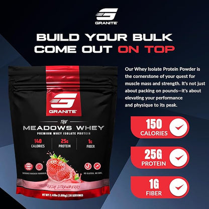 Granite Supplements The Meadows Whey Protein Isolate - (30 Servings) Whey Protein Powder - 140 Calories, 1g Fiber, 1g Sugar Protein Whey for Lean Muscle - Fresh Strawberry Flavored Protein Powder