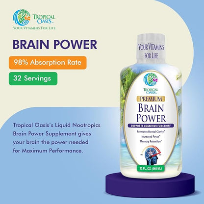 Tropical Oasis - Brain Power | Liquid Nootropic Supplement - Promotes Mental Clarity, Focus, and Memory Retention (Unflavored, 32 Servings)