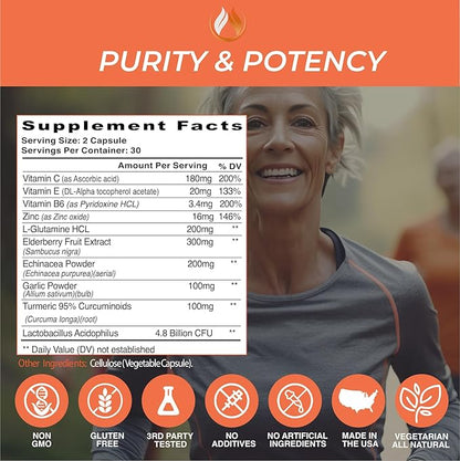 THE ENCLARE NUTRITION 10 in 1 Immune Support Booster Supplement with Echinacea, Vitamin C and Zinc, Turmeric, Ginger, B6, Elderberry for Adults Immunity Defense Vitamins, Made in USA Veg Cap 60 Ct (1)