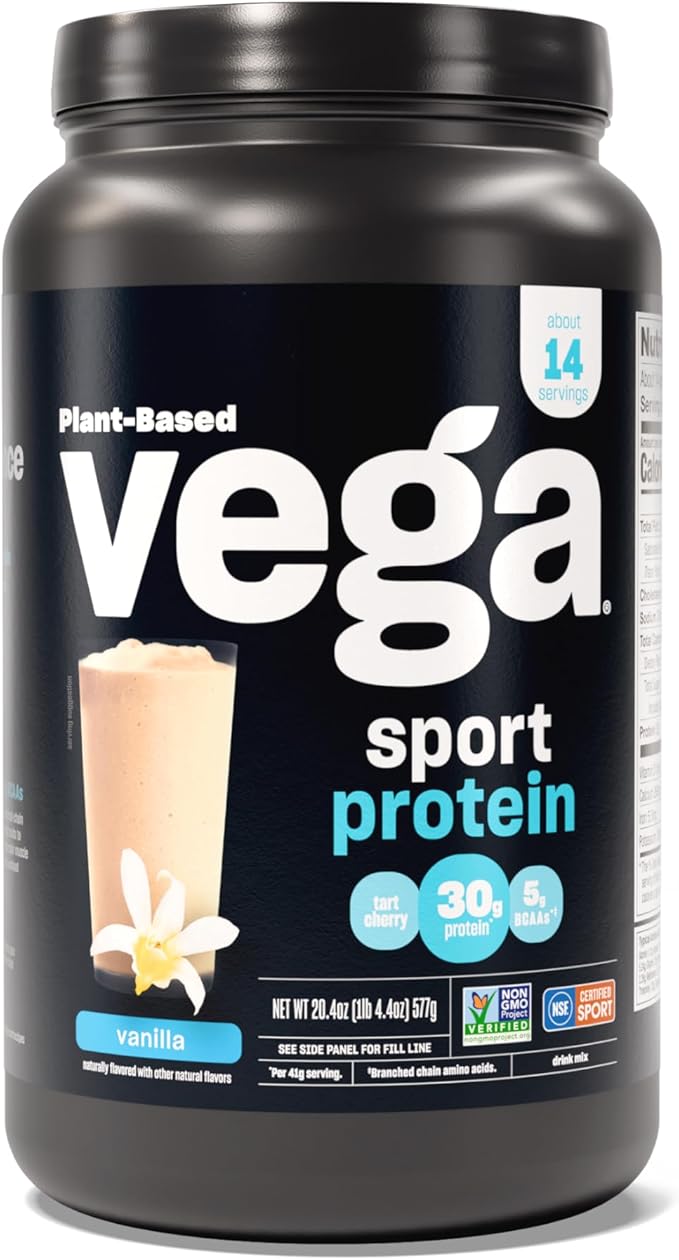 Vega Sport Protein Powder Vanilla (14 servings, 20.4 oz) - Plant-Based Vegan Protein Powder, BCAAs, Amino Acid, tart cherry, Non Dairy, Gluten Free, Non GMO (Packaging May Vary)