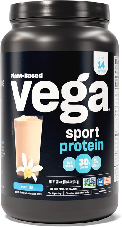 Vega Sport Protein Powder Vanilla (14 servings, 20.4 oz) - Plant-Based Vegan Protein Powder, BCAAs, Amino Acid, tart cherry, Non Dairy, Gluten Free, Non GMO (Packaging May Vary)