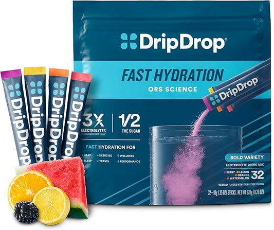 DripDrop Hydration - Bold Variety Pack - Electrolyte Drink Mix Single Serve Hydration Powder Packets - Watermelon, Berry, Lemon, Orange | Non-GMO, Gluten Free, Vegan | 32 Sticks