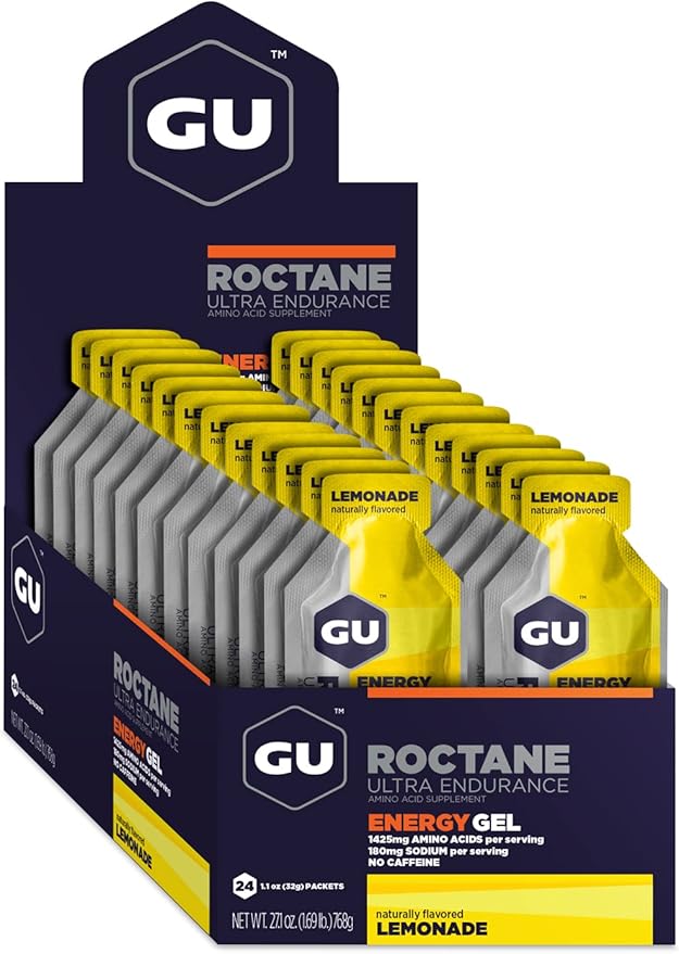 GU Energy Roctane Ultra Endurance Energy Gel, Vegan, Gluten-Free, Kosher, and Dairy-Free On-The-Go Sports Nutrition for Running, Biking, Hiking or Skiing, 24-Count, Lemonade