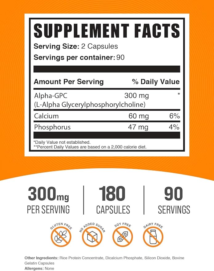BulkSupplements.com Alpha GPC Capsules - Acetylcholine Supplements, Alpha GPC 300mg - Choline Supplements, Gluten Free, 2 Capsules per Serving, 180 Capsules (Pack of 1)