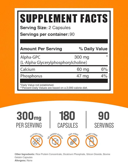 BulkSupplements.com Alpha GPC Capsules - Acetylcholine Supplements, Alpha GPC 300mg - Choline Supplements, Gluten Free, 2 Capsules per Serving, 180 Capsules (Pack of 1)