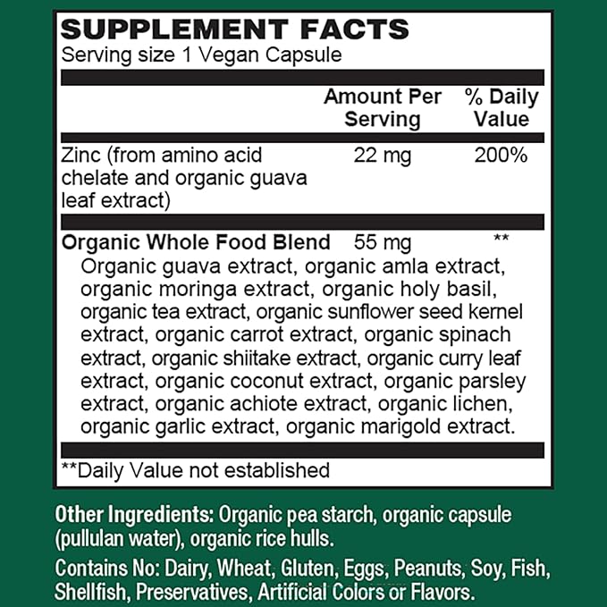 PlantFusion Vegan Zinc Supplements 22 mg – Wholefood Complex, Chelated Zinc Citrate from Organic Guava Leaf for Immune Support, 60 Capsules