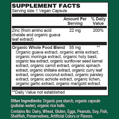 PlantFusion Vegan Zinc Supplements 22 mg – Wholefood Complex, Chelated Zinc Citrate from Organic Guava Leaf for Immune Support, 60 Capsules