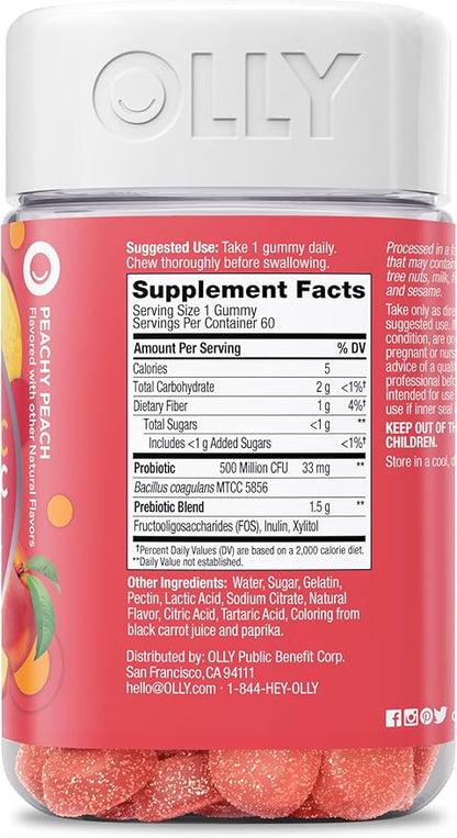 OLLY Probiotic + Prebiotic Gummy, Digestive Support and Gut Health, 500 Million CFUs, Fiber, Adult Chewable Supplement for Men and Women, Peach, 60 Day Supply - 60 Count
