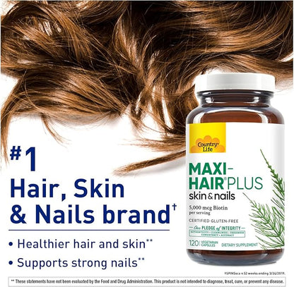 Country Life, Maxi-Hair Plus Biotin, Supports Healthy Hair, Skin and Nails, Daily Supplement, 120 ct