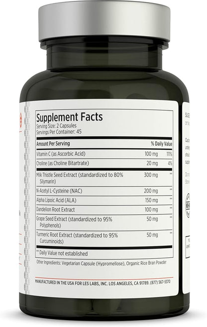 LES Labs Liver Support – Promotes Healthy Liver Function, Glutathione Production & Detoxification – Milk Thistle, NAC, ALA & Dandelion Extracts – Non-GMO Supplement – 90 Capsules